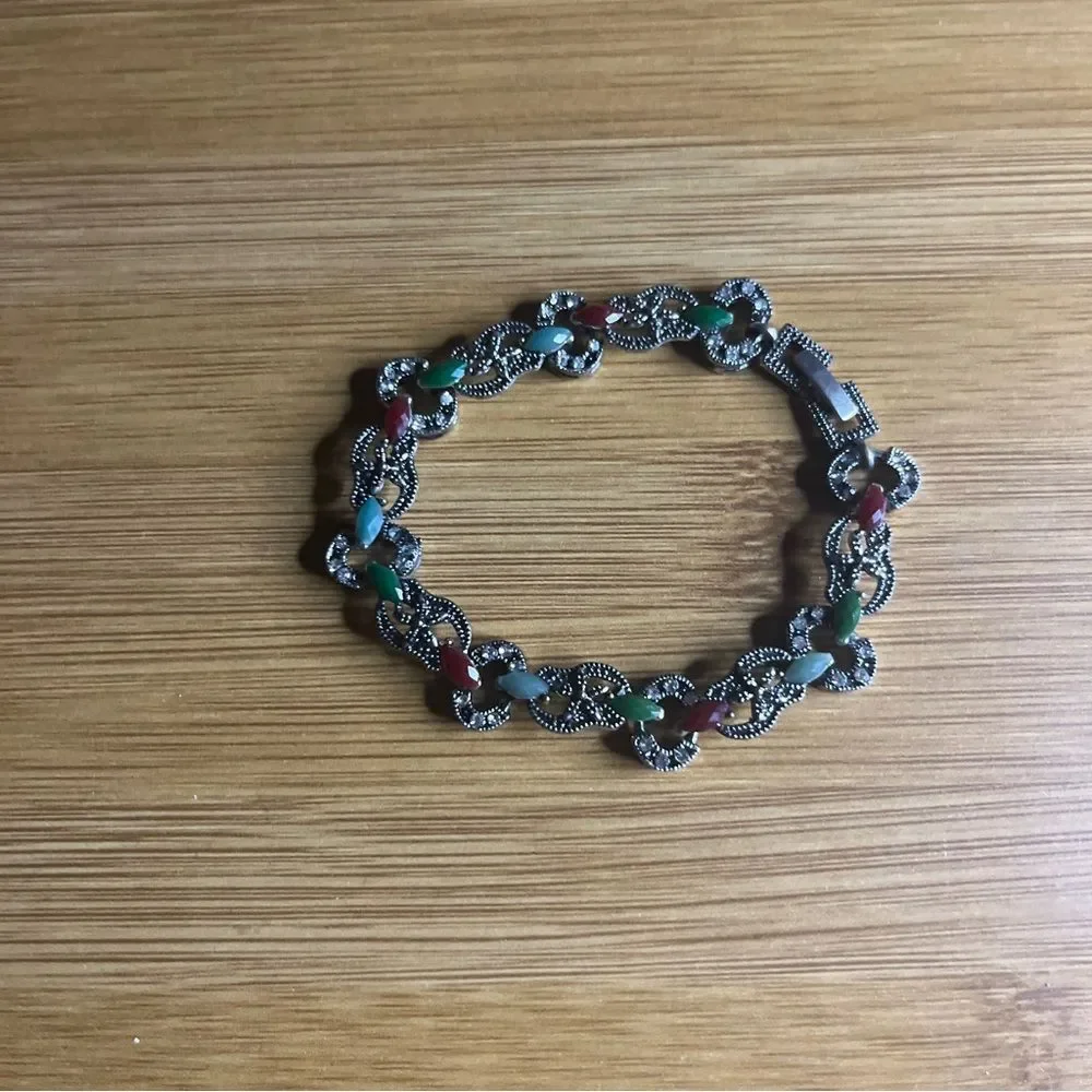 925 Silver Vintage Turquoise, Mother of Pearl, Onyx & Carnelian Bracelet